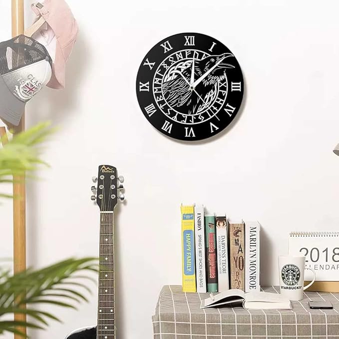 Geek Alerts Cawing Black Crow with Roman Numerals Silent Wall Clock 12inch Viking Odin Raven with Scandinavian Runes Battery Operated Quartz Watch