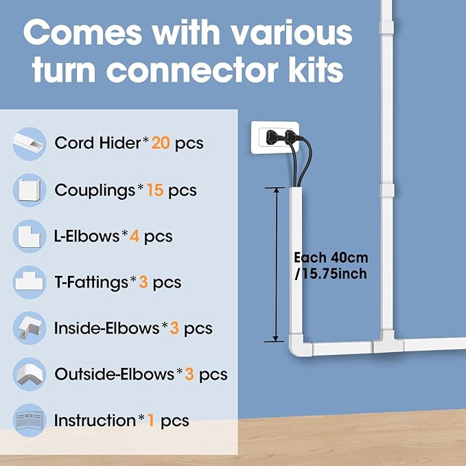 315in Cord Hider Kit, Paintable Cable Raceway, Cord Covers for Wires on Wall, Cord Hider for Wall Mount tv, tv Cable Hider Wall kit, Wire Covers for Cords, 20X L15.7in X W0.96in X H0.57in, White