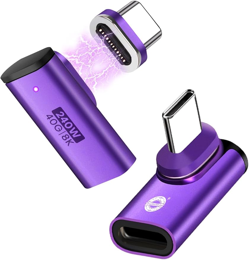 Right Angle USB C Male to USB C Female Magnetic Adapter 2 Pack 24 PIN 40Gbps PD 240W 90 Degree OTG Magnet Charger 8K Video for USB 4 Steam Deck ROG Ally Switch PC Tablet iPhone (Purple)