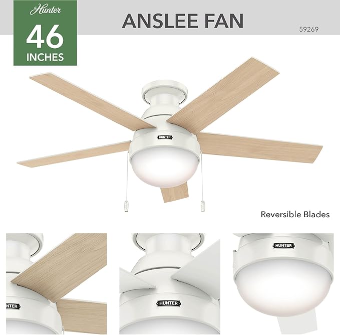 Hunter 46 inch Indoor Ceiling Fan with LED Light - White Ceiling Fan with Pull Chain, For Bedroom, Living Room, or Kitchen, Low Profile Mount, No Remote, 5 Blades - Anslee 59269, Fresh White
