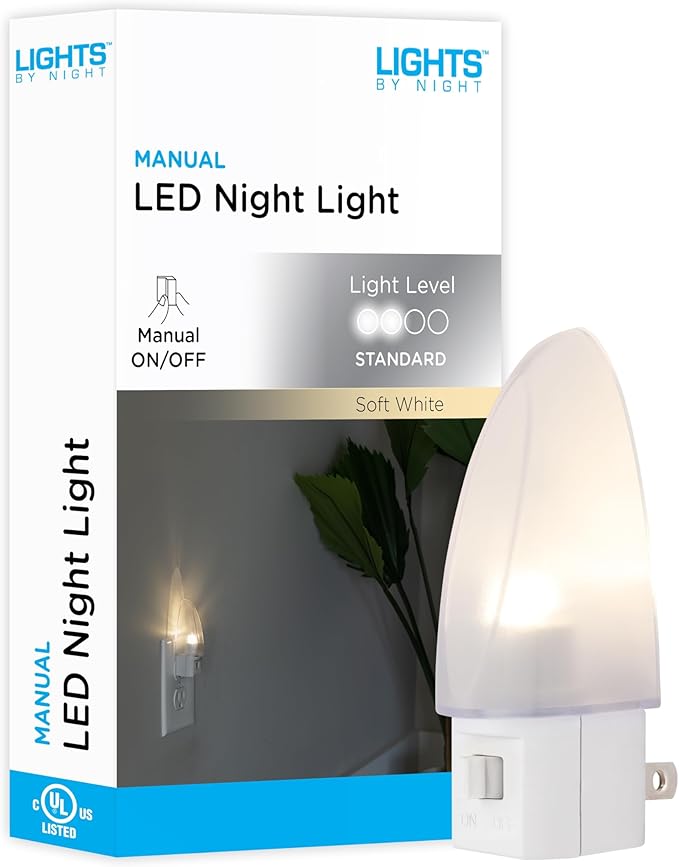 Lights by Night LED Night Light, Plug-in, Manual on/off , Warm White, UL-Certified, Energy Efficient, Ideal Nightlight for Bedroom, Bathroom, Nursery, Hallway, Kitchen, 11140