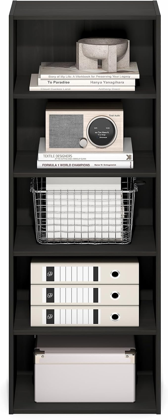 Furinno Basic Book Shelf, 5-Tier Bookshelf, Cube Storage Organizer Bookcase with Open Shelf, 11 x 17 x 44, for Living Room, Bedroom, Home Office, Espresso