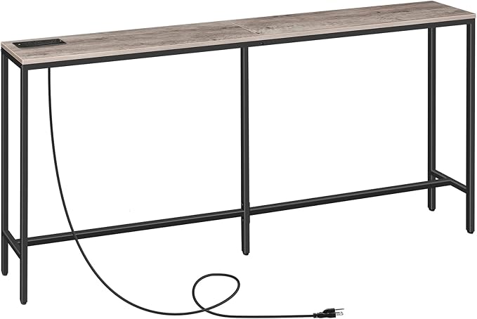 70.9'' Console Table with Power Outlet, Narrow Sofa Table, Industrial Entryway Table with USB Ports, Behind Couch for Entryway, Hallway, Foyer, Living Room, Greige CTHG18E01Z1