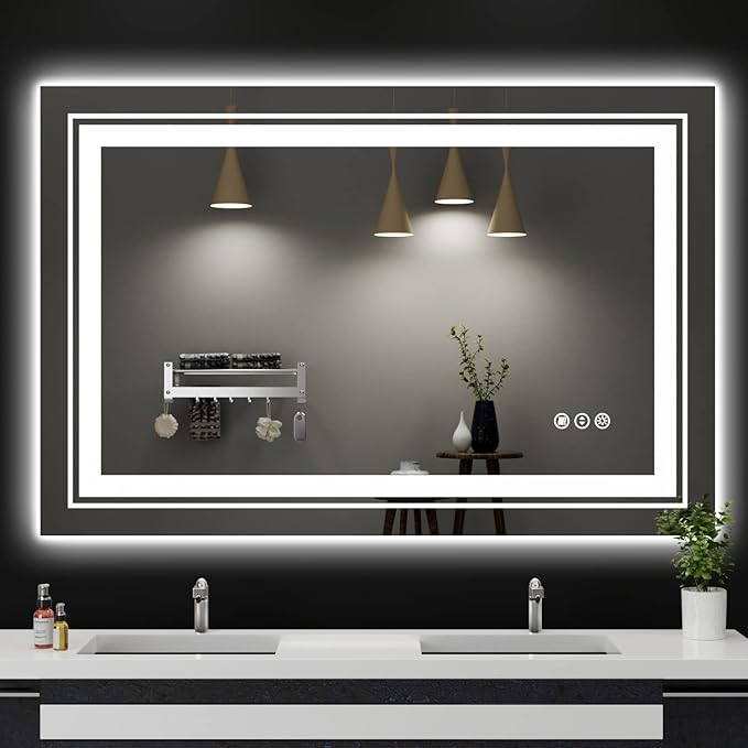 LED Bathroom Mirror, 48"X32" with Front and Backlit, Anti-Fog, Large Bathroom Vanity Mirror for Wall, Memory Function, Stepless Dimmable, Tempered Glass (Horizontal/Vertical)