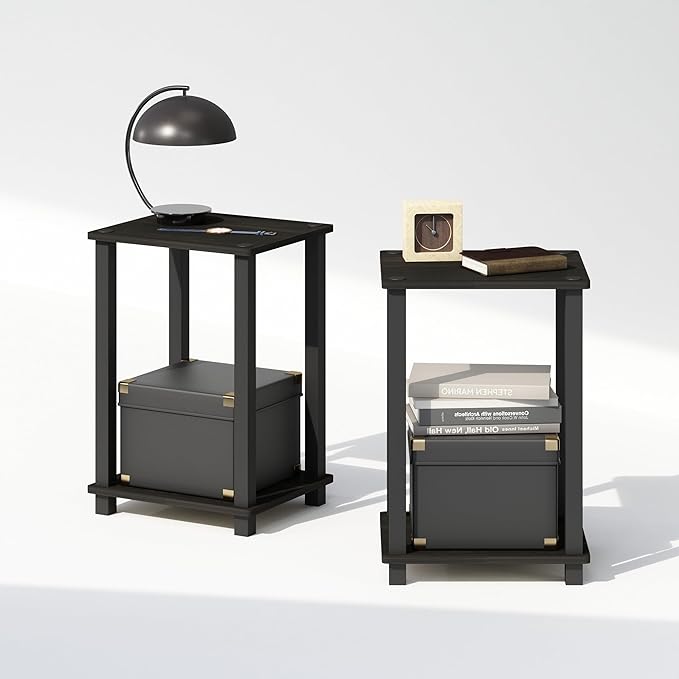 Furinno Simplistic Night Stand Set of 2, 2-Tier Small Nightstand with Open Shelf, Toolless Bedside Table, End Table, Side Table, for Bedroom, Living Room, Espresso