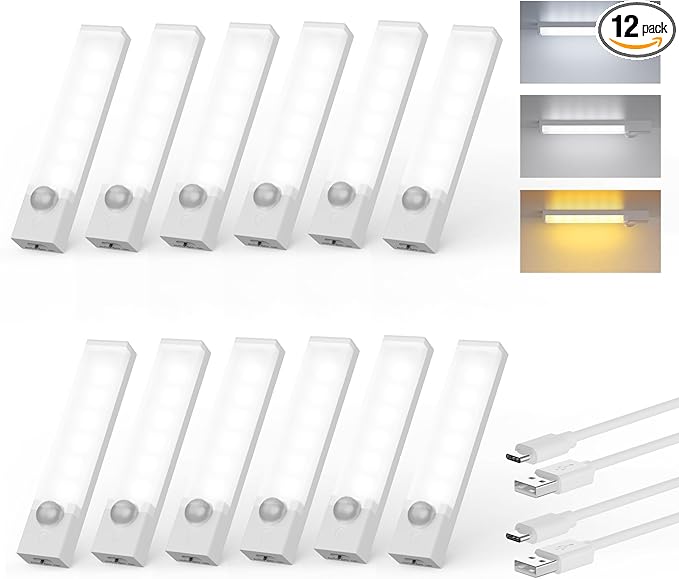 Under Cabinet Lighting 4 Inches Rechargeable Motion Sensor Light Indoor, 3 Color Dimmable Closet Light Battery Operated, USB Stick on LED Magnetic Under Counter Lights for Kitchen Stair,12 Packs