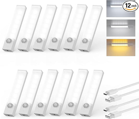 Under Cabinet Lighting 4 Inches Rechargeable Motion Sensor Light Indoor, 3 Color Dimmable Closet Light Battery Operated, USB Stick on LED Magnetic Under Counter Lights for Kitchen Stair,12 Packs