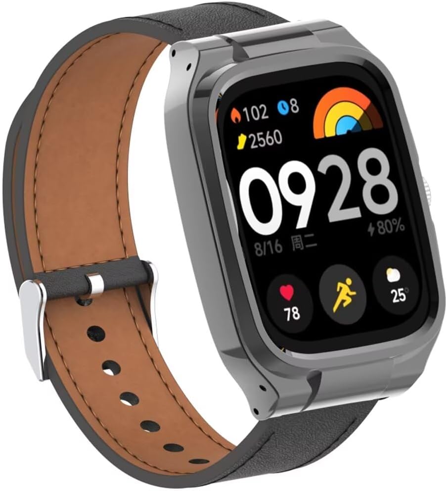 Leather Replacement Bracelet Strap for Xiaomi Redmi Watch 4, Compatible Watchband Accessories with Metal Frame