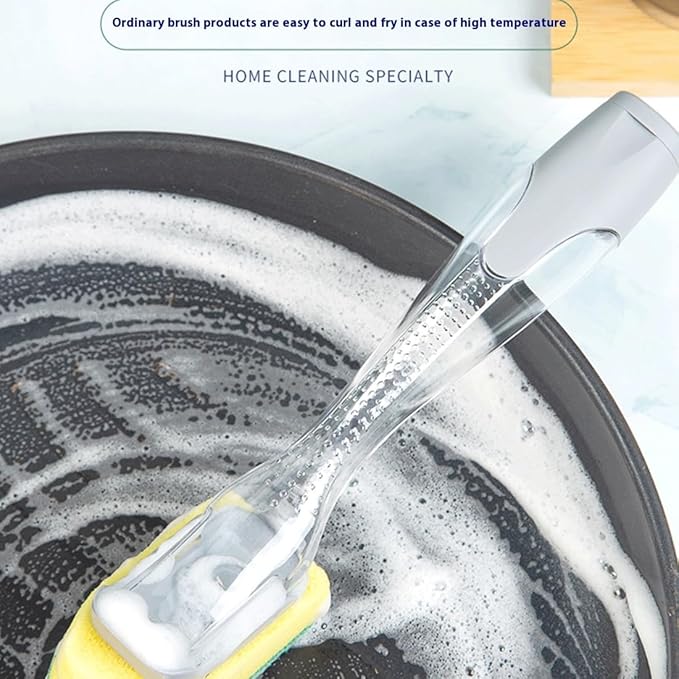 The Pot Brush with Green and Yellow Washing Pads Does not Damage The Pot Handle and can be Used to add Liquid, Brush The Bowl, and Brush The Stove