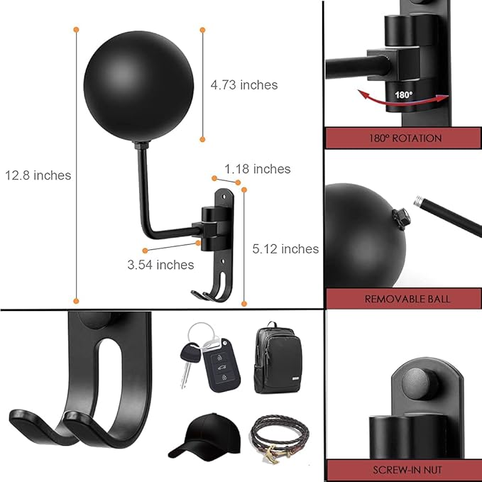 SANGMO 180°Motorcycle Helmet Rack, Rotation Metal Helmet Holder Wall Mounted Helmet Rack Motorcycle with 2 Hooks Helmet Hanger for Motorcycle Bike Coats, Caps, Baseballs, Rugby Helmet (1 pcs)