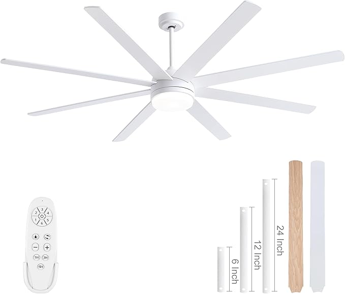 YUHAO 72 Inch White Ceiling Fan with Light and Remote Control.Noiseless,Dimmable,3CCT,6 Speeds Reversible, DC Ceiling Fans for Indoor or Covered Outdoor
