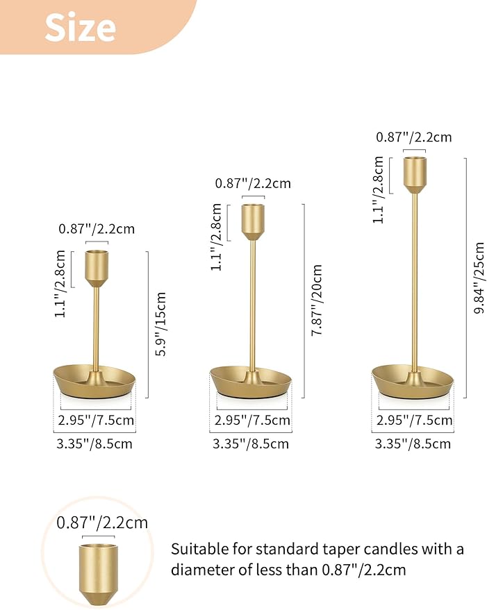 NUPTIO Taper Candle Holders for Centerpiece: 3 Pcs Matte Gold Candlestick Holder for Wedding - Brass Tall Candle Stick Holder for Christmas Party Dinner Table Fireplace Decor