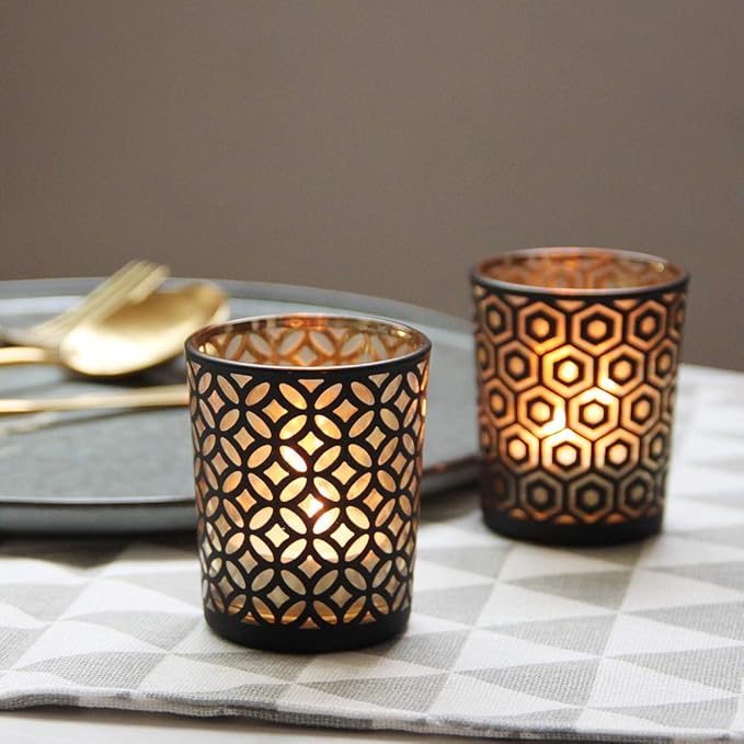 SHMILMH Halloween Votive Candle Holders Set of 12 Black Gold Glass Tealight Candle Holders with 4 Patterns Table Centerpiece for Halloween Party Table Decorations