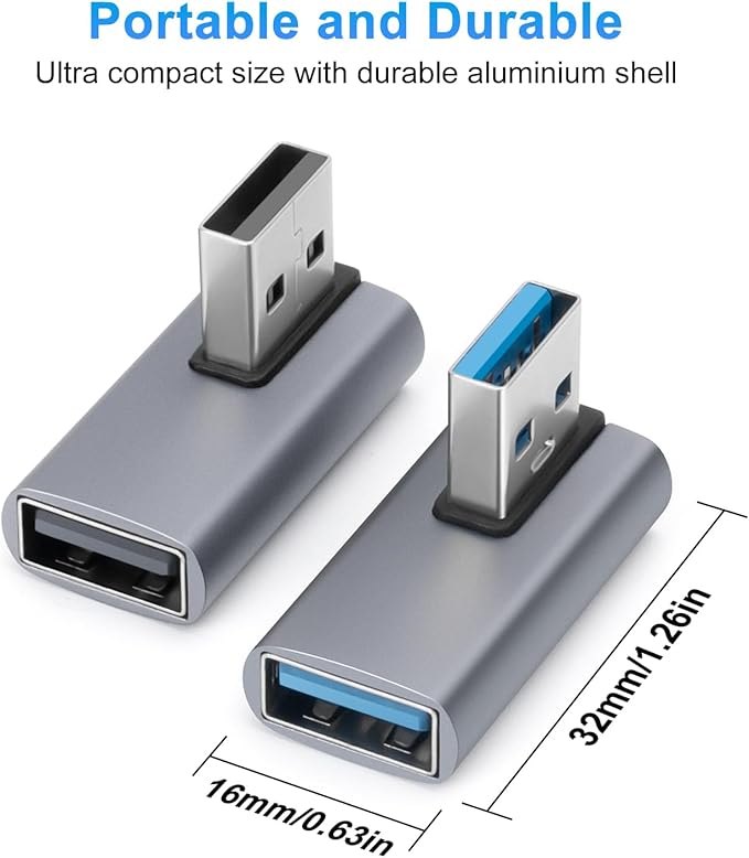 90 Degree USB3.0 Adapter (2 Pack), Left Angle and Right Angle 3.0 USB A Male to Female Converter Extender for PC, Laptop, USB A Charger, Power Bank and More, USB3.0 Expansion Adapter