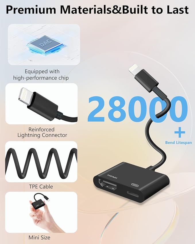 Lightning to HDMI Adapter for iPhone, [Apple MFi Certified] Digital AV Dongle,1080P Sync Screen Cable with Lightning Charging Port for iPhone, iPad to TV/Projector/Monitor No Need Power Supply