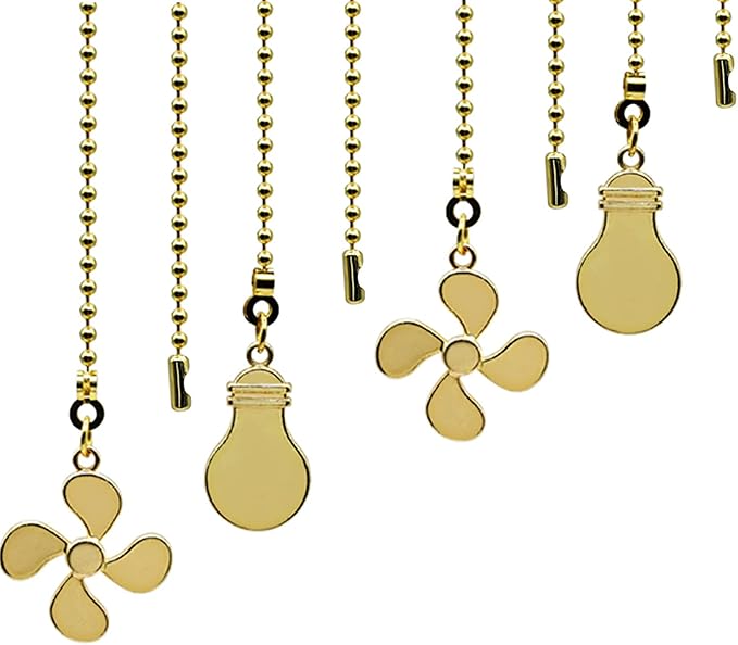 Ceiling Fan Pull Chain Set - 4 Piece Bulb and Fan Pattern Extension Pendant, 12 Inch Extender With Ball Connector (Brass)