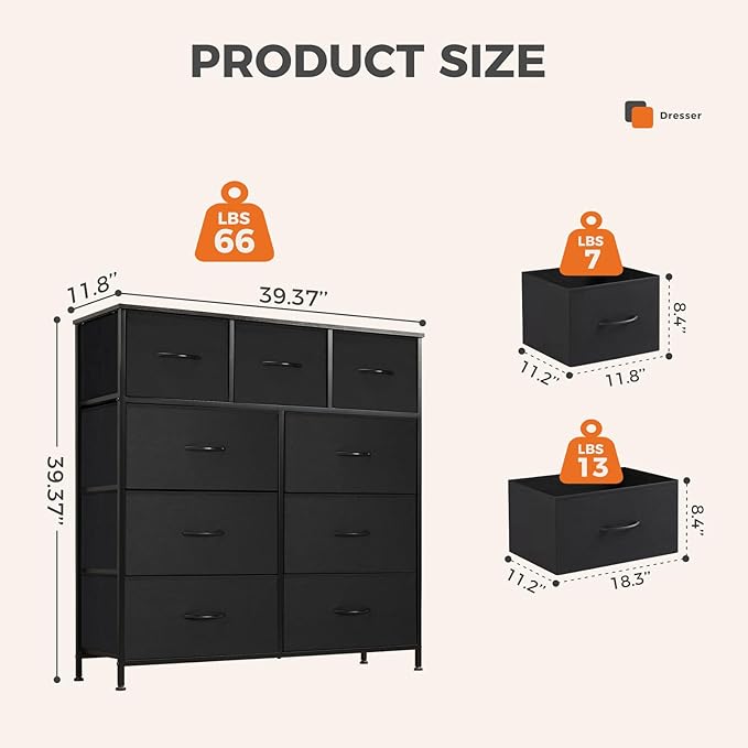 Sweetcrispy Dresser for Bedroom with 9 Storage Drawers, Tall Large Fabric Storage Tower Organizer, Chest of Drawers with Metal Frame Wooden Top for Nursery, Closet, Living Room, Entryway, Black