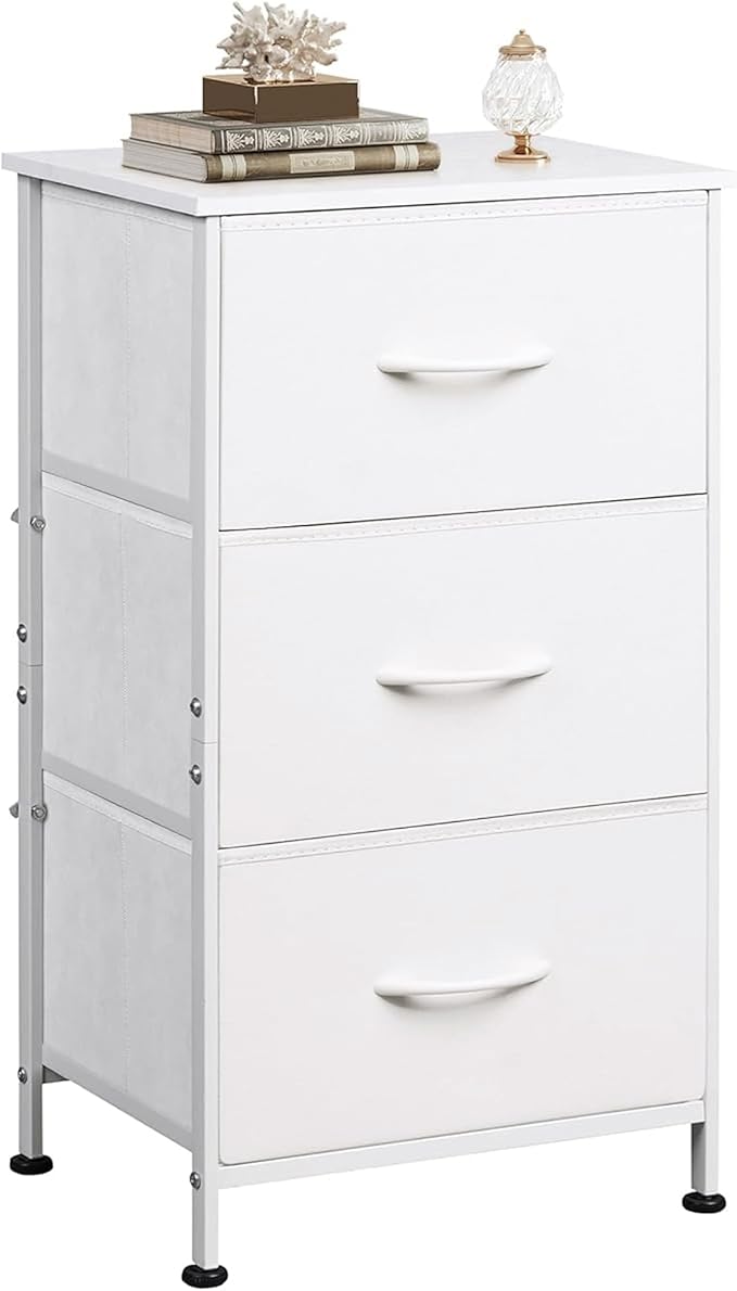 WLIVE Nightstand with 3 Drawers, Fabric Dresser, Organizer Unit, Storage Dresser for Bedroom, Hallway, Entryway, Closets, Sturdy Steel Frame, Wood Top, Easy Pull Handle, White