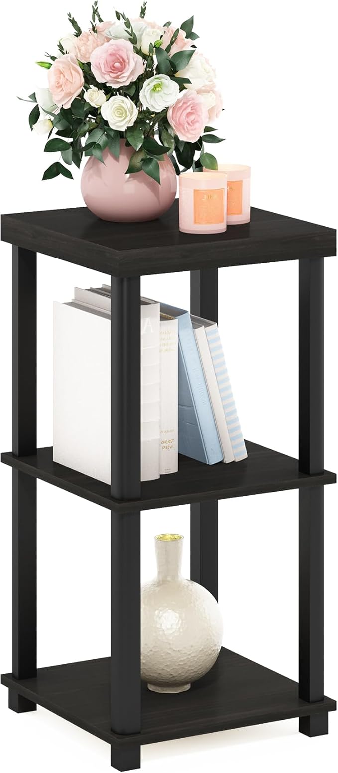 Furinno Turn-N-Tube Side Table, 3-Tier Thick Tabletop End Table with Open Shelf, Toolless Assembly Night Stand, Bedside Table, for Living Room, Bedroom, Espresso