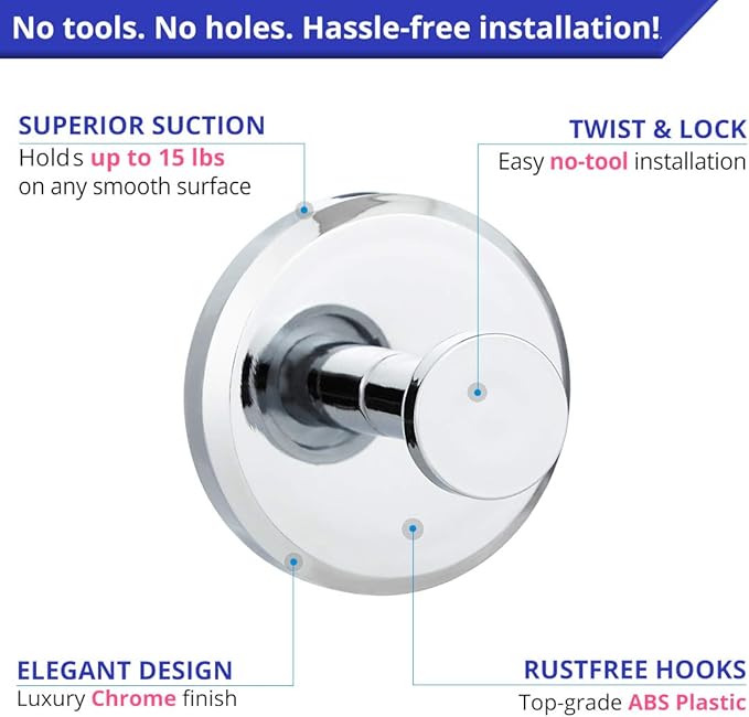 HOME SO Suction Cup Hooks O Shape (2 or 4 Pack) (Chrome, 4, Count)