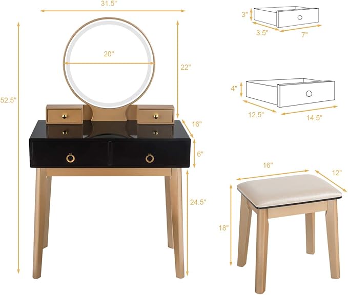 CHARMAID Vanity Desk with Lighted Mirror, Black Makeup Vanity Table with 4 Storage Drawers, 3 Lighting Modes, Solid Wood Legs, Modern Dressing Table with Vanity Stool for Small Bedroom