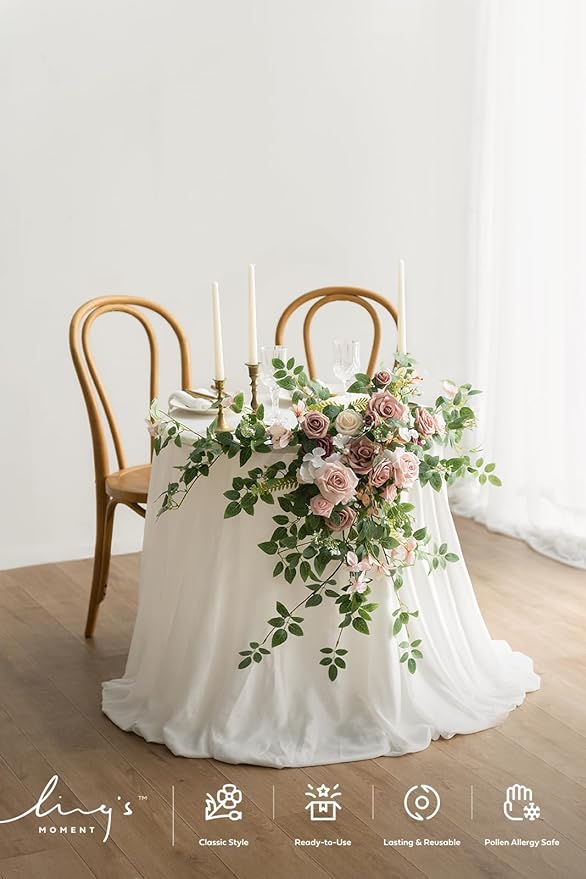 Ling's moment 2PCS Dusty Rose Arch Flowers Artificial Floral Swags Wedding Centerpieces Faux Flower Garland Greenery Arrangements for Engagement Party Sweetheart Table Decor Welcome Signs Wall