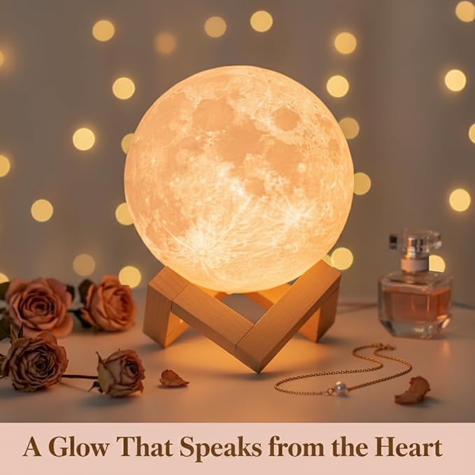 Mydethun Moon Lamp 3D Night Light - 5.9' Christmas Table Decor w/Wooden Base, Gift for Women, Mom & Kids, Bedroom Decor w/Touch-Dimmable & USB Rechargeable, Dual-Color White/Warm Yellow