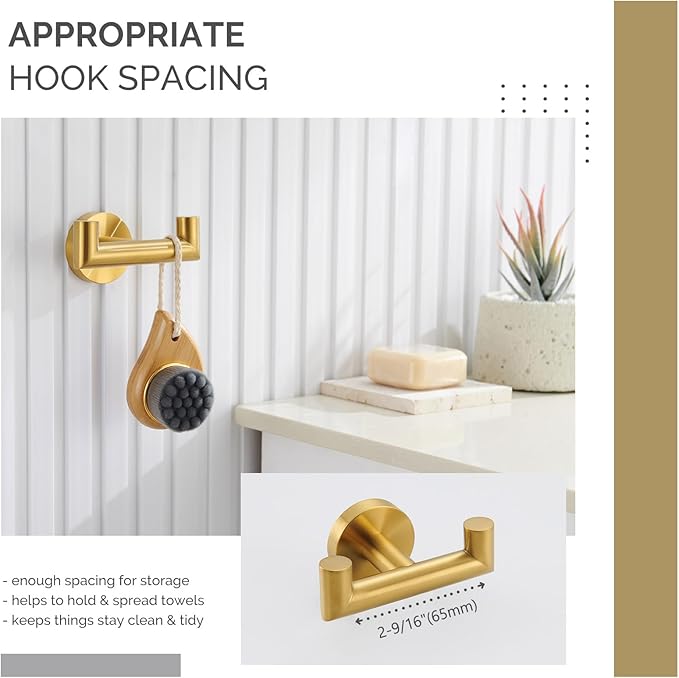 Angle Simple Bathroom Double Hook Brushed Gold, SUS304 Stainless Steel Bath Towel Holder, Double Robe Hanger Wall Mount