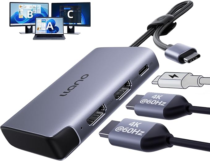 llano HDMI Splitter Extended Display for Dual Monitors,USB-C to Dual HDMI Adapter with 2 Port 4K@60Hz 2K@144Hz@120Hz Simultaneous Output & PD 100W, MST HDMI SplitExtend for MacBook Windows Laptop