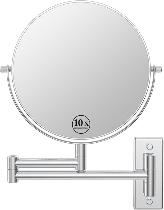 Wall Mounted Makeup Mirror 1X/10x, 8" Double-Sided Swivel Extendable Mirror for Bathroom, Chrome Finish