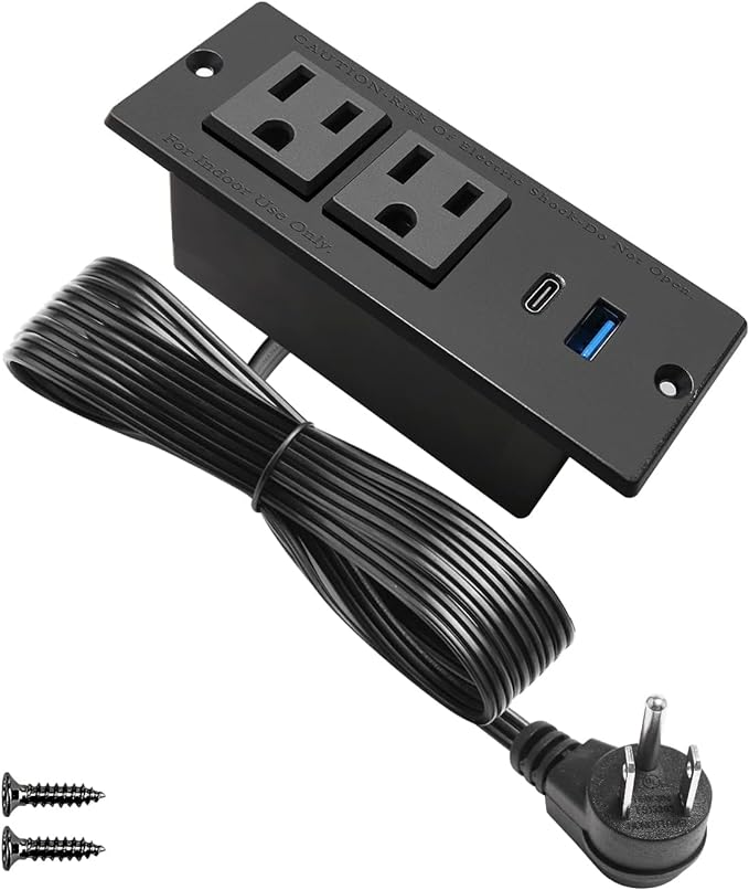 USB C Recessed Power Strip Fast Charge Desktop Power Station 2 Outlets 2 USB (PD20W & QC18W, Total 20W) Mountable Flat Plug 10'ft Extension Cord Mount for Tabletop Sofa Cabinet Nightstand
