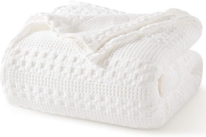 PHF 100% Cotton Waffle Weave Blanket Twin Size for Bed, Soft Lightweight & Breathable, All-Season Comfort, Luxury Aesthetic Woven Bedding for Home Decor, 66"x90", White