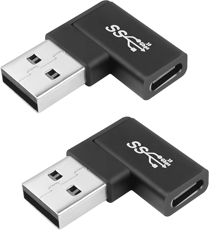 QIANRENON USB 3.1 to USB C 90 Angle Adapter 10Gbps USB A Male to Type C Female Left Angle Coupler Data Transfer L-Shaped Connector for PC Laptop Tablet, 2Pcs (Left Lateral Bend)