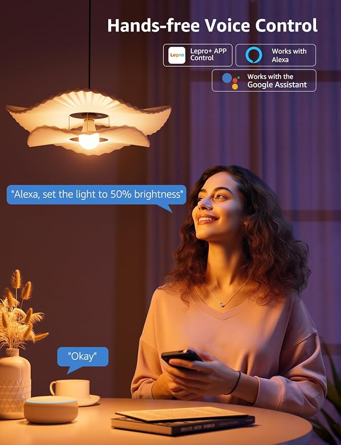 Lepro B1 AI Smart Light Bulbs - RGBWW Color Changing LED Bulb Works with Alexa & Google Assistant, AI Voice Control, Music Sync, A19 E26 Base, 8.5W 800Lumen, 2.4GHz WiFi & Bluetooth, 1 Pack（NO Remote