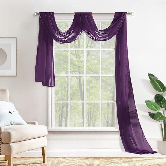 MIULEE Luxury Sheer Voile Elegant Topper Long Window Valance Solid Treatment Swags Drapes for Ceremony Wedding Canopy Bed 54" x 216" Plum Purple