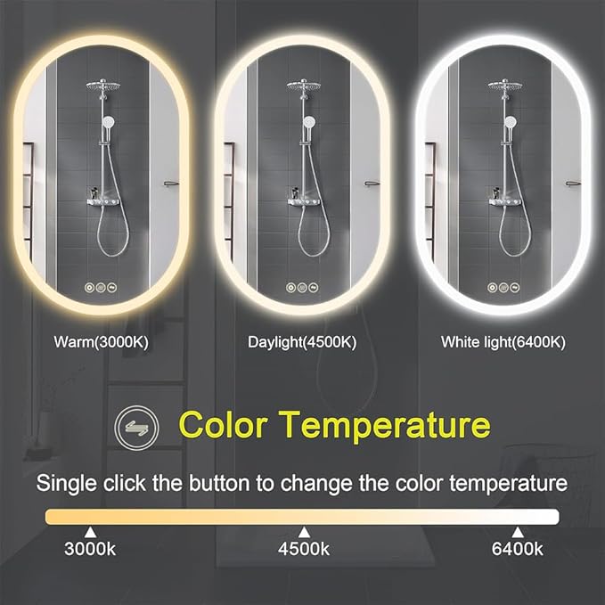 Bathroom LED Oval Mirror, 24 x 36 inches, Wall Mount, 3 Colors, Stepless Dimmable, Anti-Fog, Backlit, Frameless Frosted Edge, Home Mirror