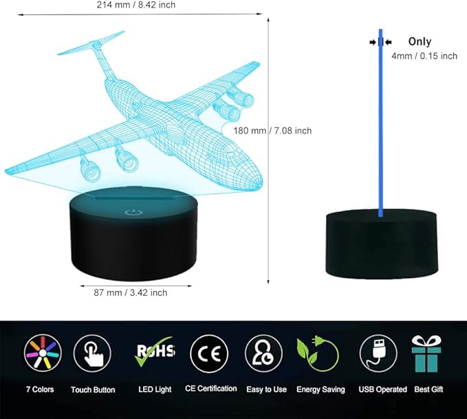 Airplane Night Light 3D Plane Illusion Lamp 7 Color Changing Touch Control with USB Cable LED Fighter Toy Table Desk Decor Lamps for Men Boys Kids Christmas Birthday Gifts
