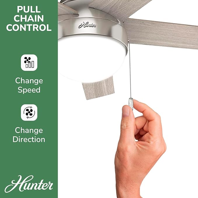 Hunter 46 inch Indoor Ceiling Fan with LED Light - Ceiling Fan with Pull Chain, For Bedroom, Living Room, or Kitchen, Low Profile Mount, No Remote, 5 Blades - Anslee 50278, Brushed Nickel