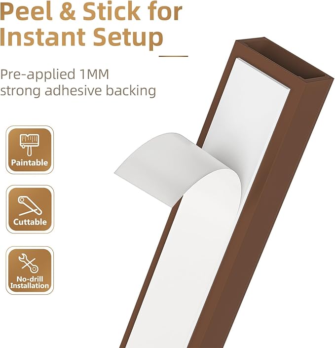 Delamu Cord Hider, 85in Cord Covers for Wires on Wall, One-Cord Cable Hider, Self-Adhesive Wire Hiders Wire Covers for TV Cords on Wall, Paintable Cable Cover Management Kit, W0.59 H0.4in, Brown