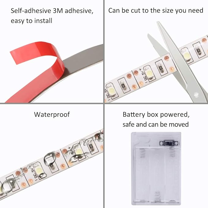 Battery Powered Led Strip Lights White, LED Strip Lights Waterproof Battery Operated Led Light Strip, Flexible, Cuttable Led Strip Lights for PC TV Mirror Kitchen Cabinet Shelves, Room Decor 13.2FT