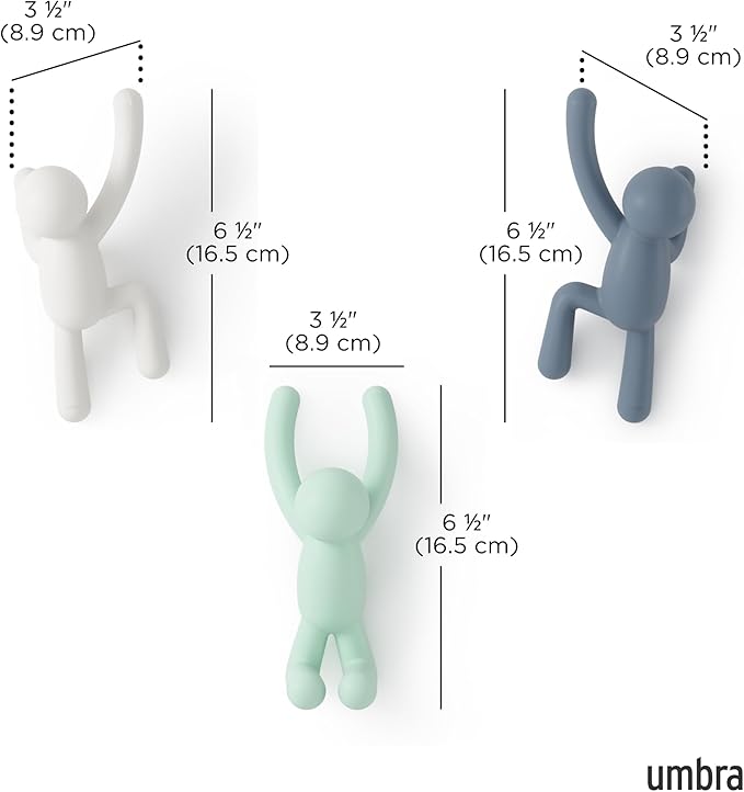 Umbra Buddy Wall Hooks – Decorative Wall Mounted Coat Hooks for Hanging Coats, Scarves, Bags, Purses, Backpacks, Towels and More, Set of 3, Light Multicolored