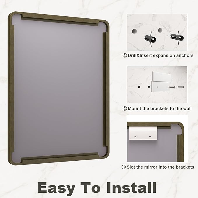 22x30 Inch Bronze Framed Bathroom Mirror, Brushed Bronze Metal Vanity Mirror, Bronze Rectangle Mirror, Rounded Corner, Tempered Glass, Anti-Rust, Shatterproof (Horizontal/Vertical)