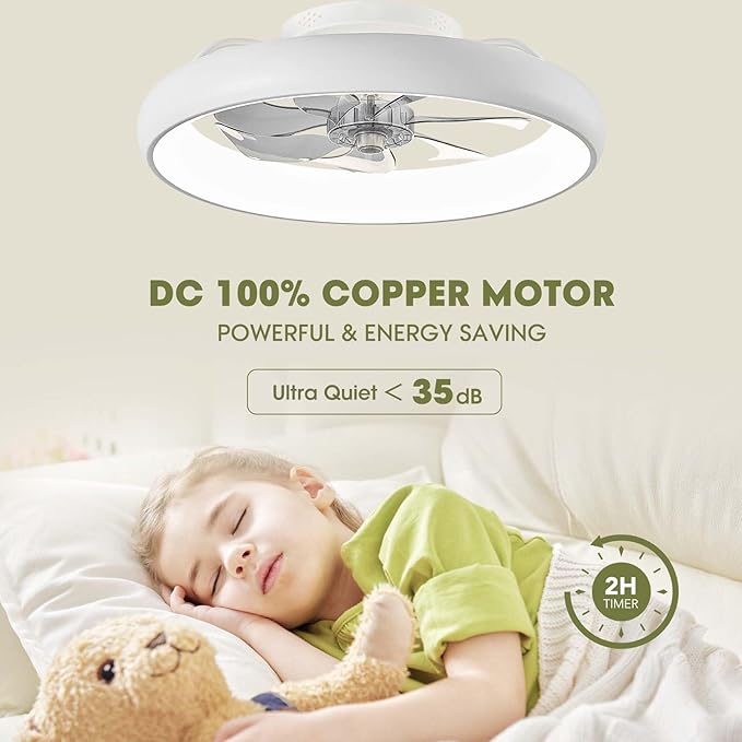 20" Modern White Flush Mount Ceiling Fan with Lights, 6 Wind Speeds, LED, Voice Control, Bedroom, Living Room, Kitchen