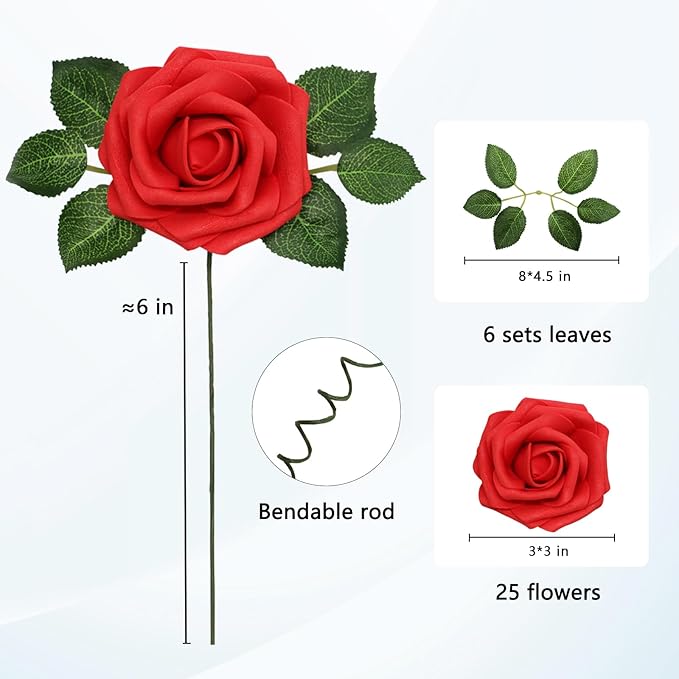 JOYLEX Artificial Flowers Realistic Roses, 25pcs Red Real Looking Fake Roses with Stem for DIY Wedding Bouquets Centerpieces Bridal Shower Party Home Romantic Decorations (25pcs, Red)