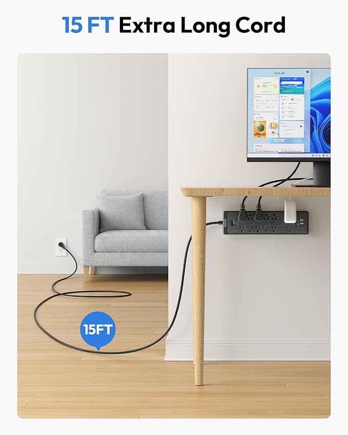 NTONPOWER 15 ft Extension Cord, Flat Plug Surge Protector Power Strip with USB, 12 Outlets Surge Protector Wall Mount, 2100 Joules, 1875W, 15A Circuit Breaker for Home Office Dorm Essentials, Black