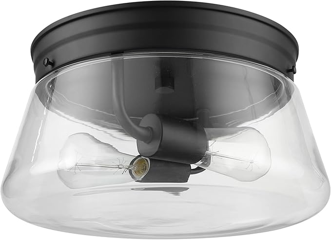 GLOBE Electric 44777 Aleyna 2-Light Outdoor Flush Mount Ceiling Light, Matte Black, Clear Glass Shade, Bulb Not Included