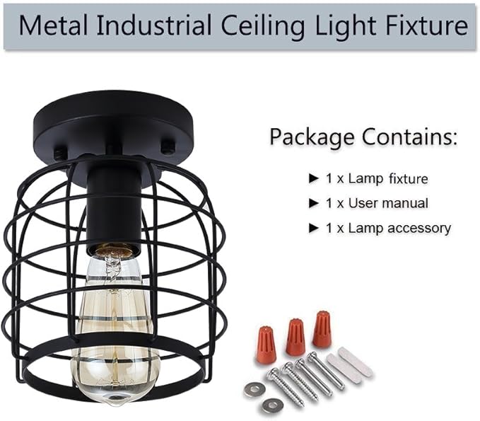 Create For Life® Industrial Vintage Flush Mount Ceiling Light,Rustic Metal Cage Pendant Lighting Lamp Fixture for Hallway Stairway Kitchen Garage, E26, Black Painting Finish