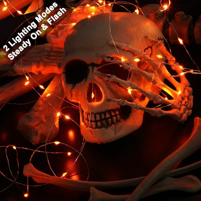 BrizLabs Orange Halloween Lights, 19.47ft 60 LED Orange Fairy Lights String, 2 Modes Battery Halloween String Light, Indoor Silver Wire Twinkle Light for Christmas Thanksgiving Party Carnival Decor