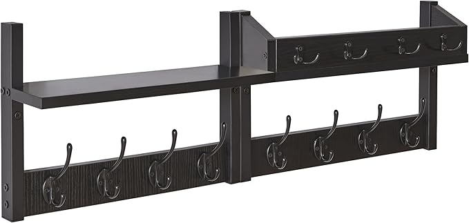 YMYNY 31.5" Coat Rack Wall Mount with Shelf, 4 in 1 Key and Coat Hanger with 12 Metal Hooks, Wall Shelf with Hooks & Mail Holder for Living Room, Bedroom, Black, HWS007B-2