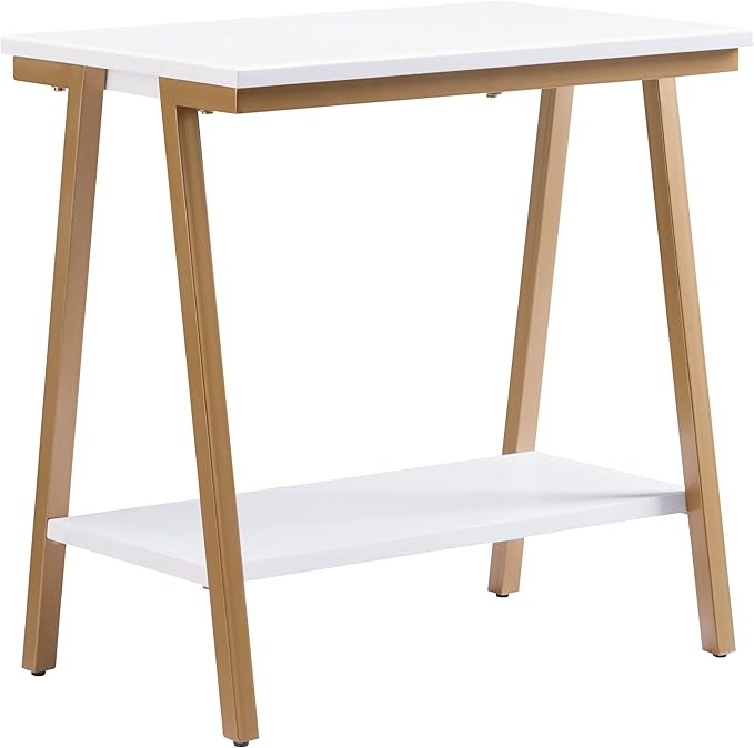 Leick Home 214312 Empiria Narrow Side Table with Shelf and Metal Frame, Wood End Table for Living Room Bedroom, White